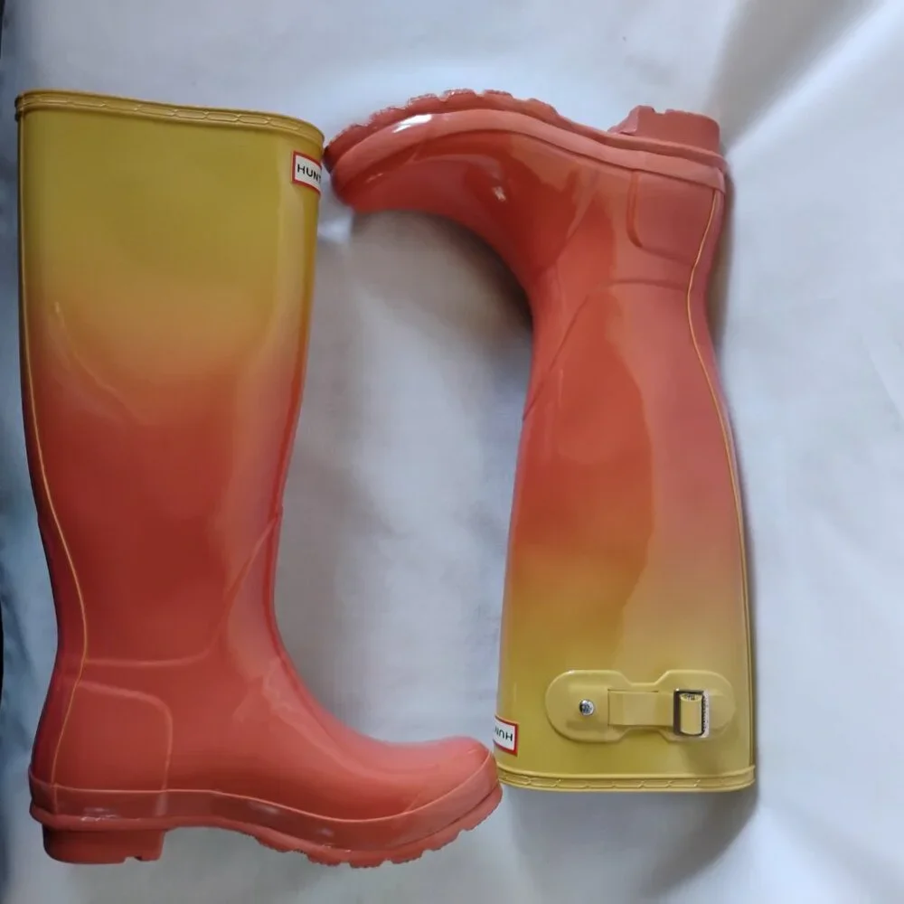 Hunter Boots Rain Tall Glossy Wellies Like New Rare Sunset Ombre Coral Yellow 7 - Picture 3 of 16